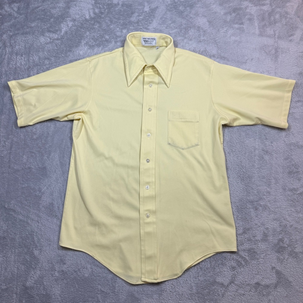 Vintage Van Heusen VanKnit Splendor Shirt Mens 16 Yellow Disco Poly 70s Dagger